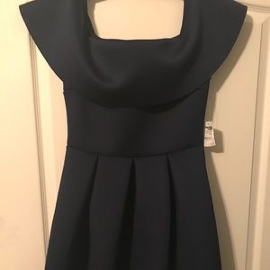 Off the shoulder skater dress with pleated bottom.